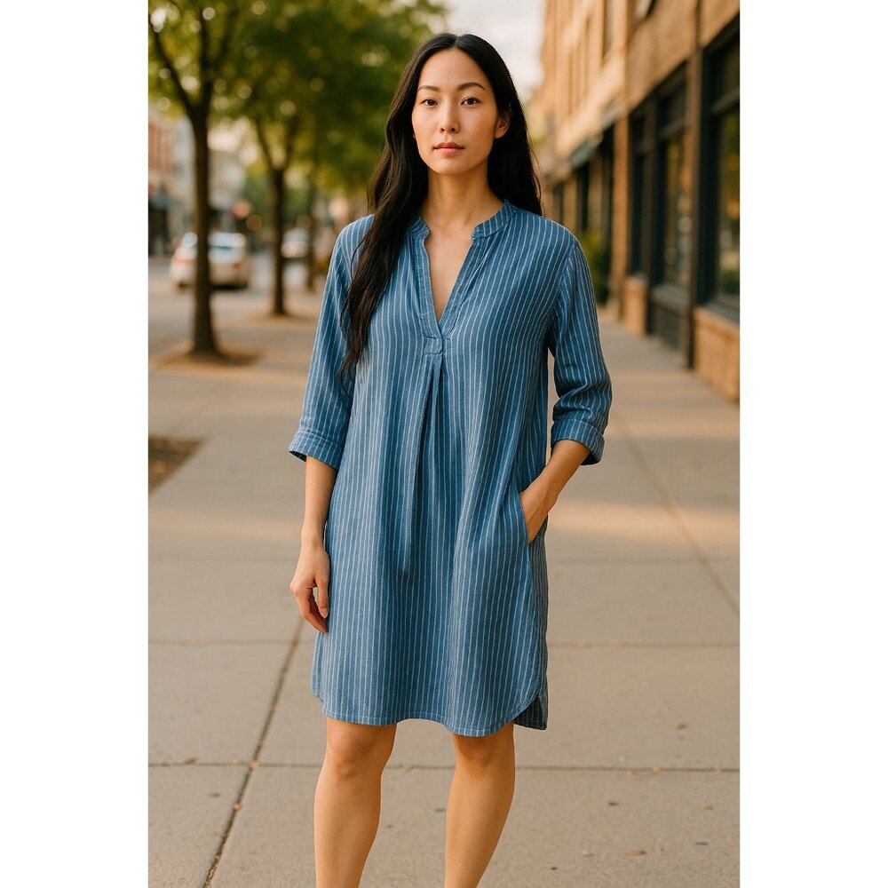 Garnet Hill Womens Blue & White Striped 100% Linen Tunic Dress V-Neck 3/4 Sleeve